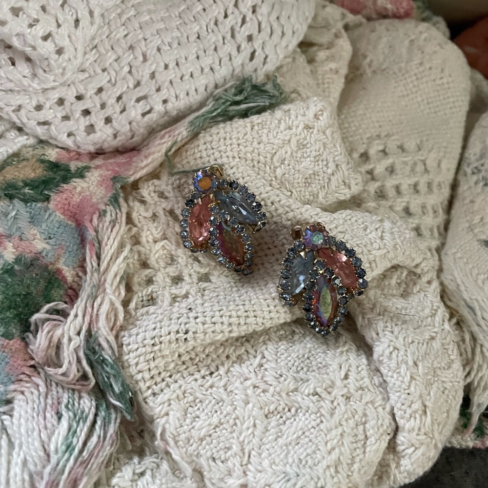 Vintage Blue, Pink, and Peach Costume Clip On Earrings